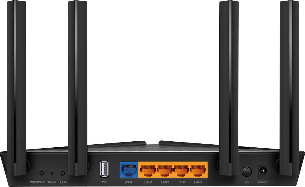 Ein schwarzer WLAN-Router mit vier Antennen. Rückseite zeigt mehrere Netzwerkanschlüsse, darunter WAN und LAN1 bis LAN4, sowie USB-Anschluss.