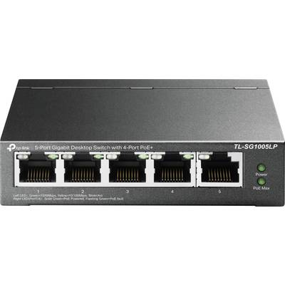 '5-Port Gigabit Desktop Switch mit 4 PoE+ Ports, Modell TL-SG1005LP, Vorderansicht mit fünf Ethernet-Ports, Strom- und PoE-Anzeige.'