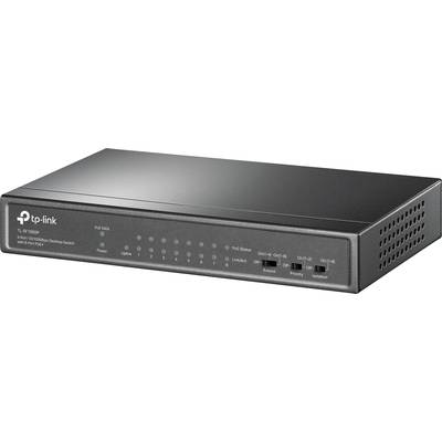 Ein schwarzer Netzwerk-Switch von TP-Link mit mehreren Ethernet-Ports auf der Vorderseite und LED-Anzeigen für den Verbindungsstatus.