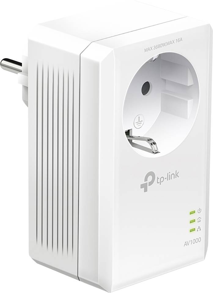 Weißer TP-Link Powerline-Adapter mit Steckdosenanschluss. Zeigt drei grüne LED-Anzeigen und Text 'AV1000'.