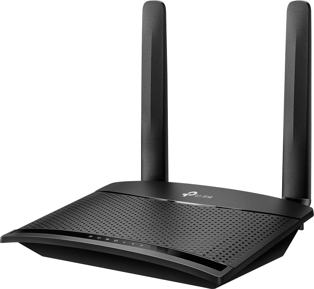 Ein schwarzer WLAN-Router mit zwei Antennen, hergestellt von TP-Link.