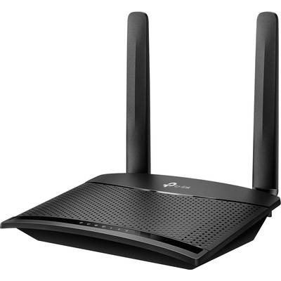Ein schwarzer WLAN-Router mit zwei Antennen, hergestellt von TP-Link.