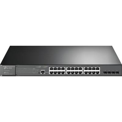 Schwarzgrauer Netzwerk-Switch mit 24 Ethernet- und 4 Glasfaser-Anschlüssen, geeignet für große Datenübertragungsanforderungen.