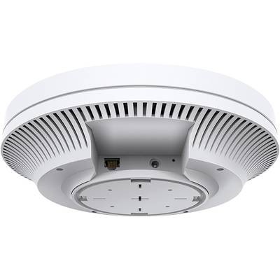 WLAN-Zugangspunkt in Weiß mit kreisförmigem Design, Lüftungsschlitzen und Ethernet-Anschluss; montierbar an Wänden oder Decken.