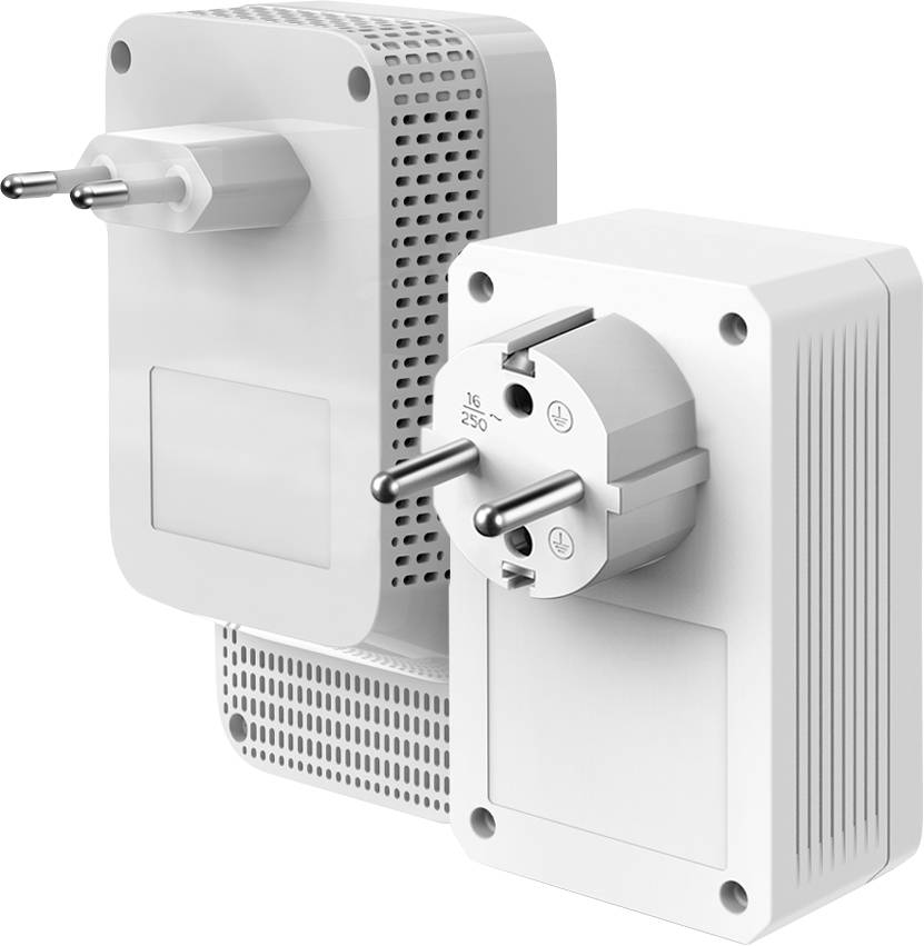 Zwei weiße Powerline-Adapter mit Steckern sind nebeneinander angeordnet. Sie verfügen über Lüftungsschlitze und Steckdosenanschlüsse.