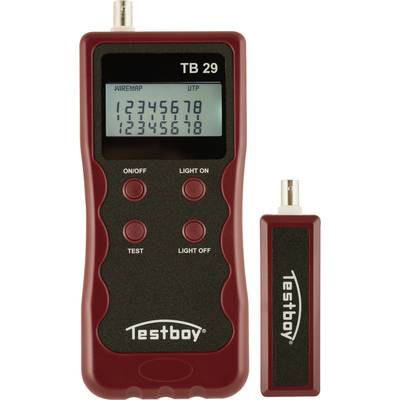 Ein rotes Netzwerk-Testgerät mit Display zeigt Zahlen; daneben ein kleinerer Adapter. Geeignet zum Testen von Kabelverbindungen.