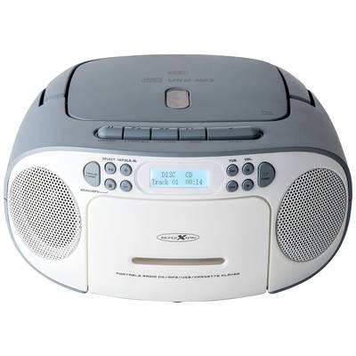 Grauer und weißer tragbarer Radio-CD-Player mit USB- und Kassettendeck. Digitales Display zeigt 'DISC CD Track 01 00:14'.