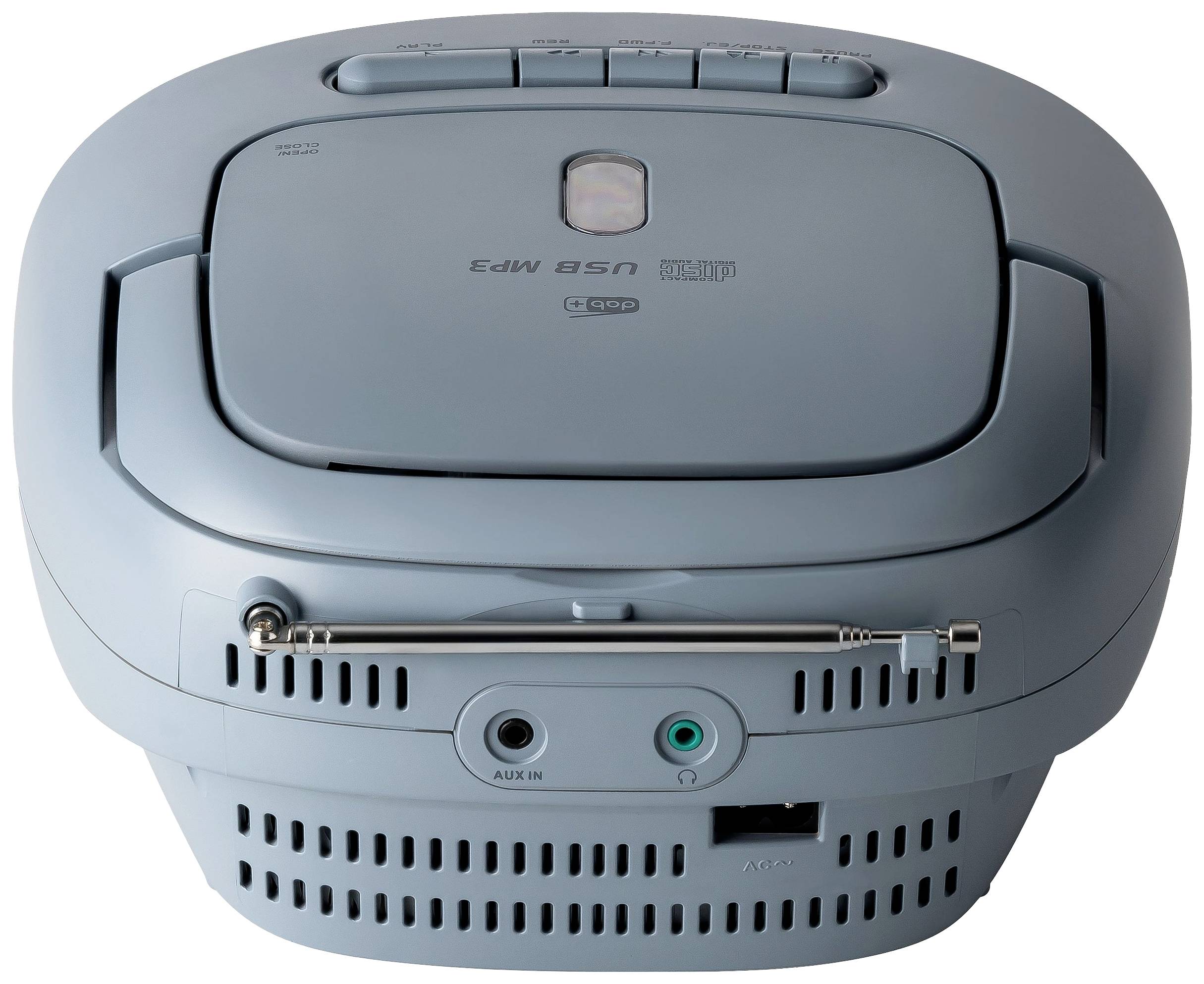 Blauer CD-Player mit integriertem Radio und USB-Anschluss. Er ist tragbar und verfügt über Bedientasten auf der Oberseite.