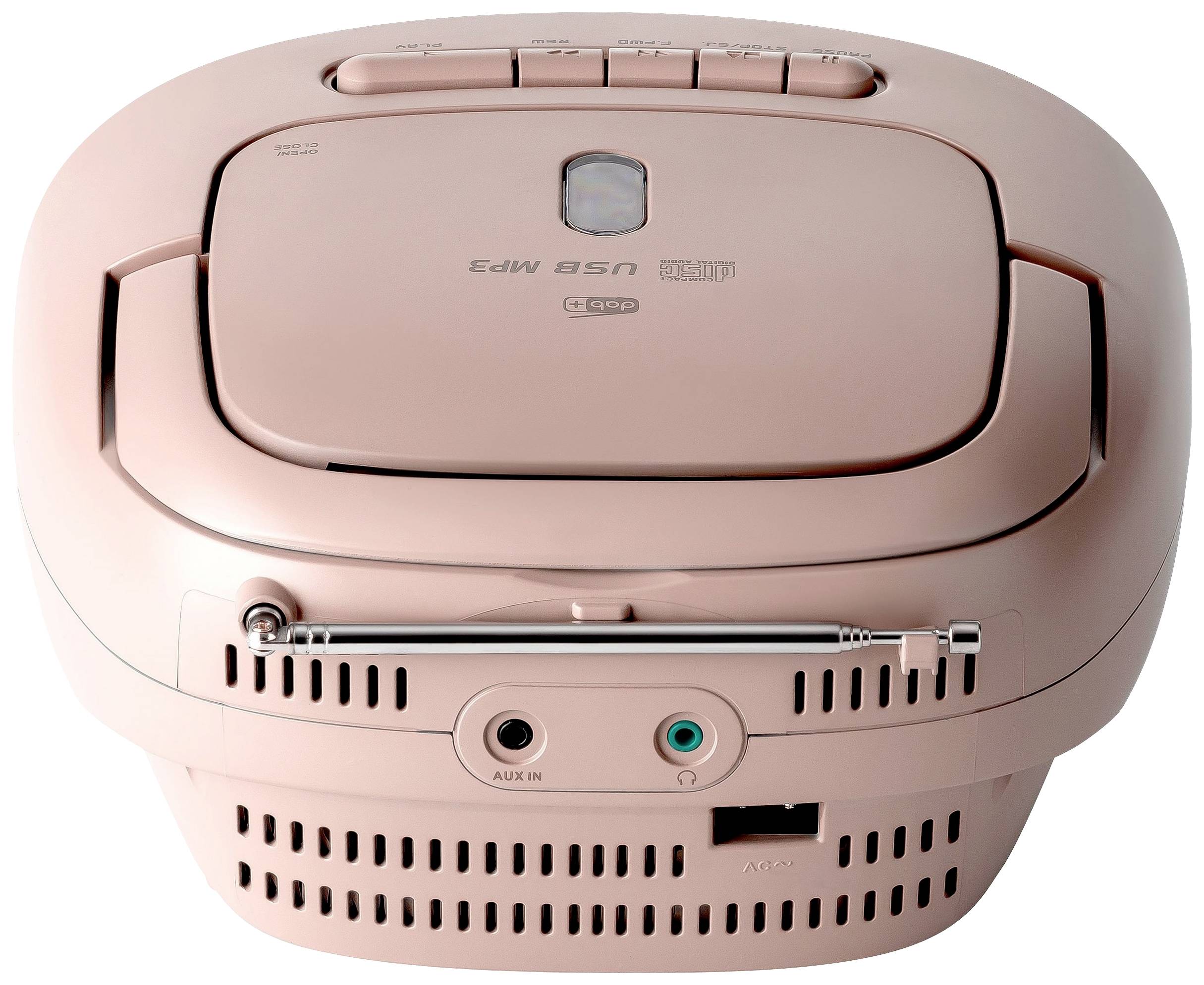 Ein rosa, tragbarer CD-Player mit USB-Anschluss, AUX-Eingang und Kopfhöreranschluss auf der Rückseite, geeignet für Musikabspielung.