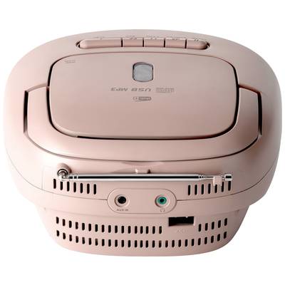 Ein rosa, tragbarer CD-Player mit USB-Anschluss, AUX-Eingang und Kopfhöreranschluss auf der Rückseite, geeignet für Musikabspielung.