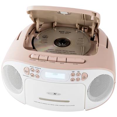 Tragbarer CD-Player in Rosa, geöffnet mit eingelegter CD. Zeigt Steuerknöpfe vorne, Lautsprecher auf beiden Seiten, Display mit "OPEN".