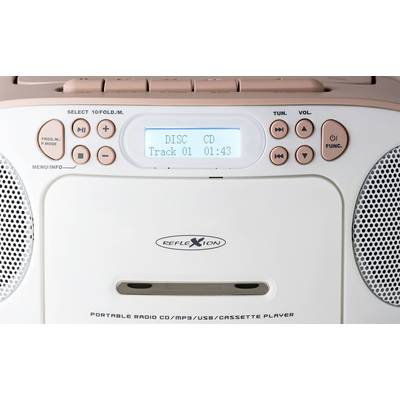 Ein tragbares Radio mit CD/MP3/USB/Kassettenspieler. Das Display zeigt 'DISC CD, Track 01, 01:43'. Tasten zum Bedienen sind sichtbar.