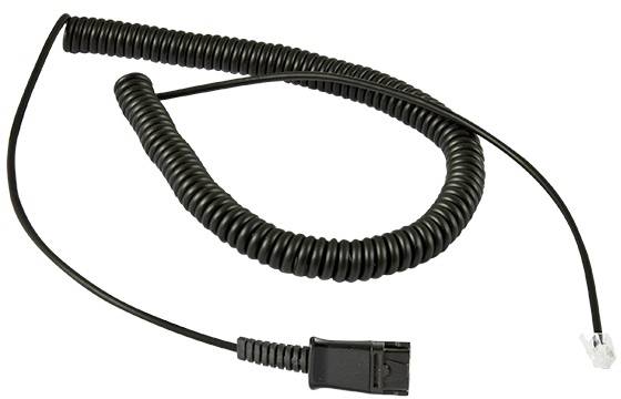 Ein schwarzes Spiralkabel mit zwei Steckern an den Enden, eines transparent, eines schwarz. Es könnte als Telefonkabel dienen.