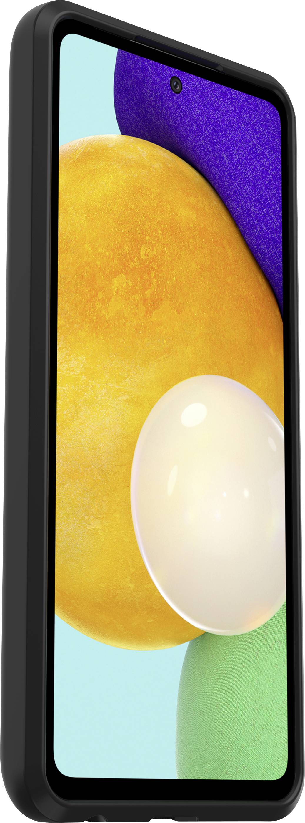 Ein modernes Smartphone mit schwarzem Rahmen und farbenfrohem Bildschirm zeigt eine abstrakte, geometrische Hintergrundgrafik.