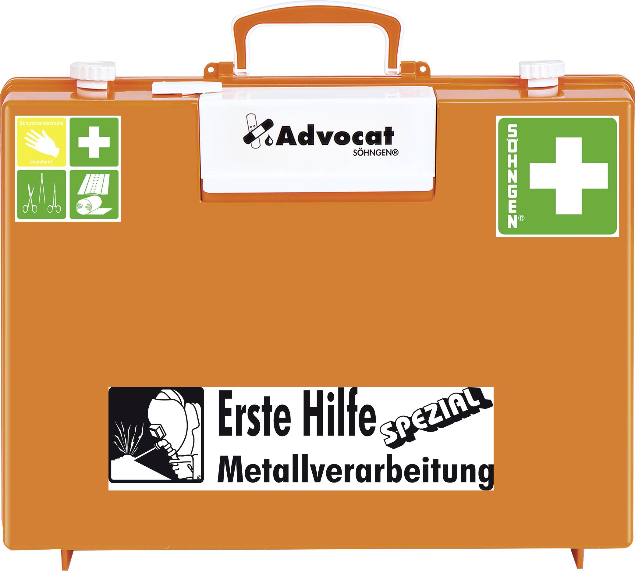 'Erste Hilfe Koffer' für Metallverarbeitung, leuchtend orange, mit Griff. Enthält Symbole für Erste Hilfe, Schere und Pflaster. Markenlogo und 'Erste Hilfe speziell Metallverarbeitung' aufgedruckt.