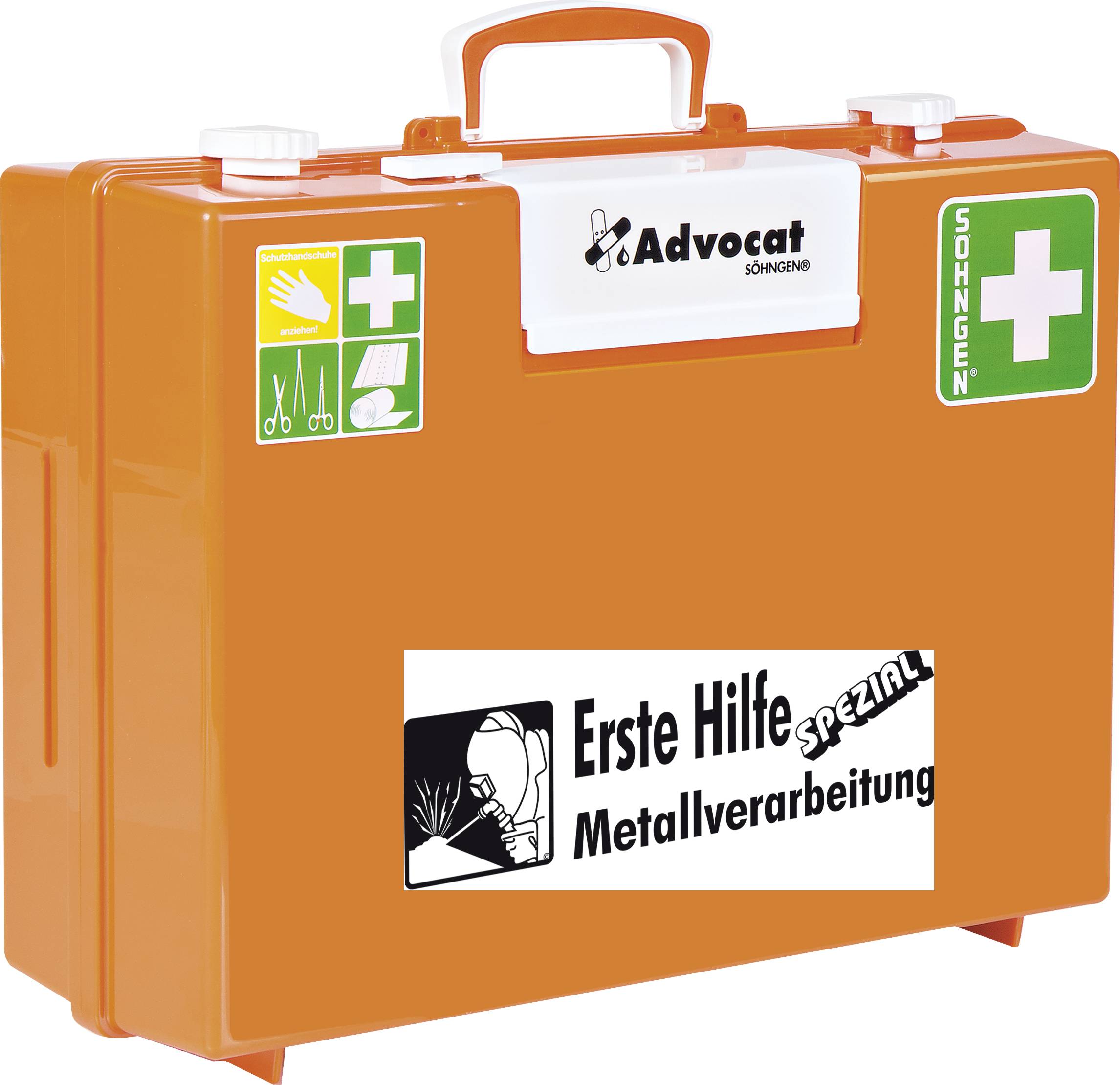 Oranger Erste-Hilfe-Koffer mit 'Erste Hilfe Metallverarbeitung' Beschriftung, grünes Kreuz-Symbol; geeignet für Metallbearbeitung.