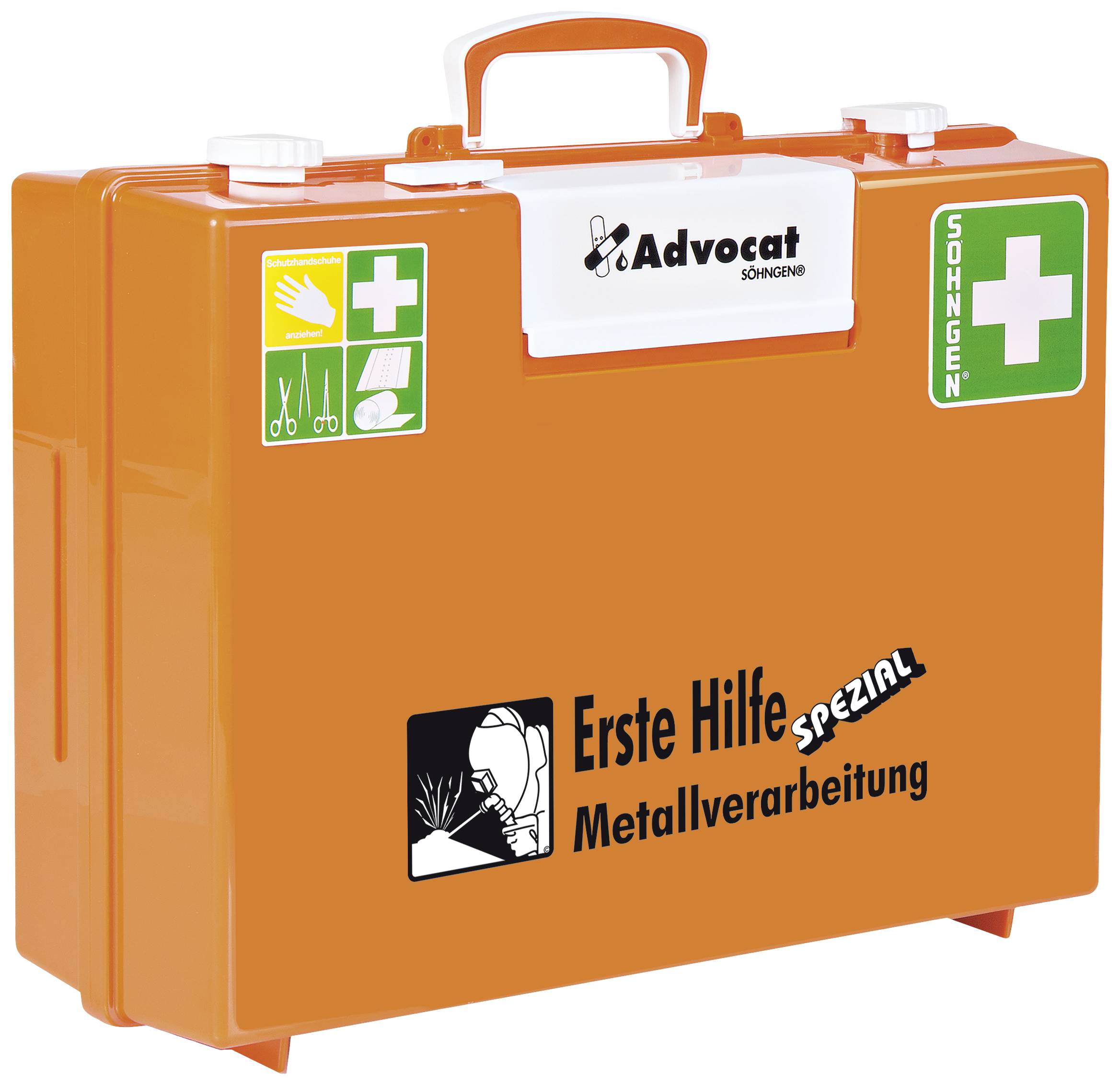 Orange 'Erste Hilfe' Koffer für Metallverarbeitung mit Tragegriff, weißem Aufkleber 'Advocat Söhngen', grünem Erste-Hilfe-Logo.