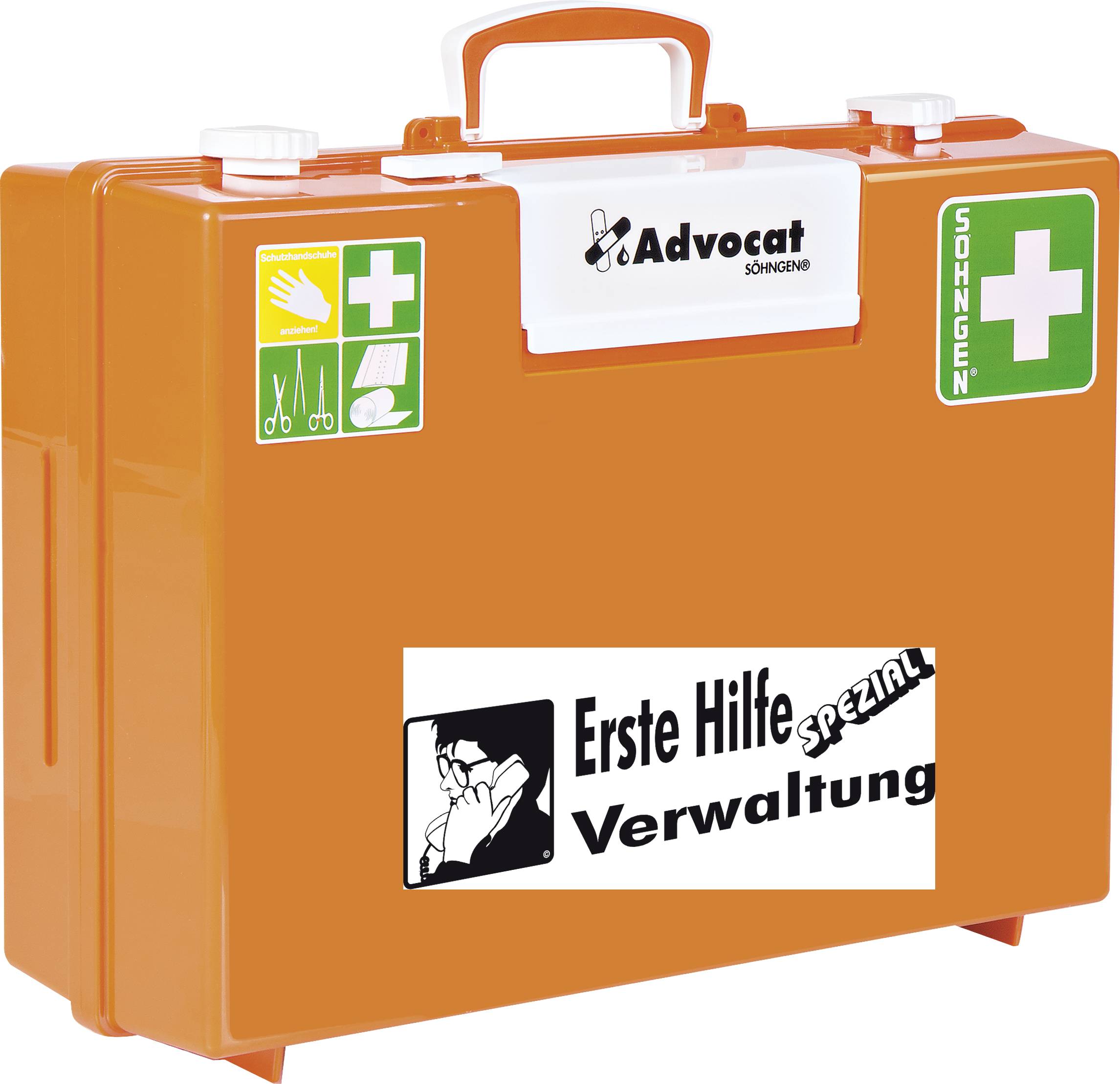 Orange Erste-Hilfe-Koffer mit 'Erste Hilfe Verwaltung' Aufschrift, grünen und weißen Symbolen für medizinische Utensilien und Kreuz.