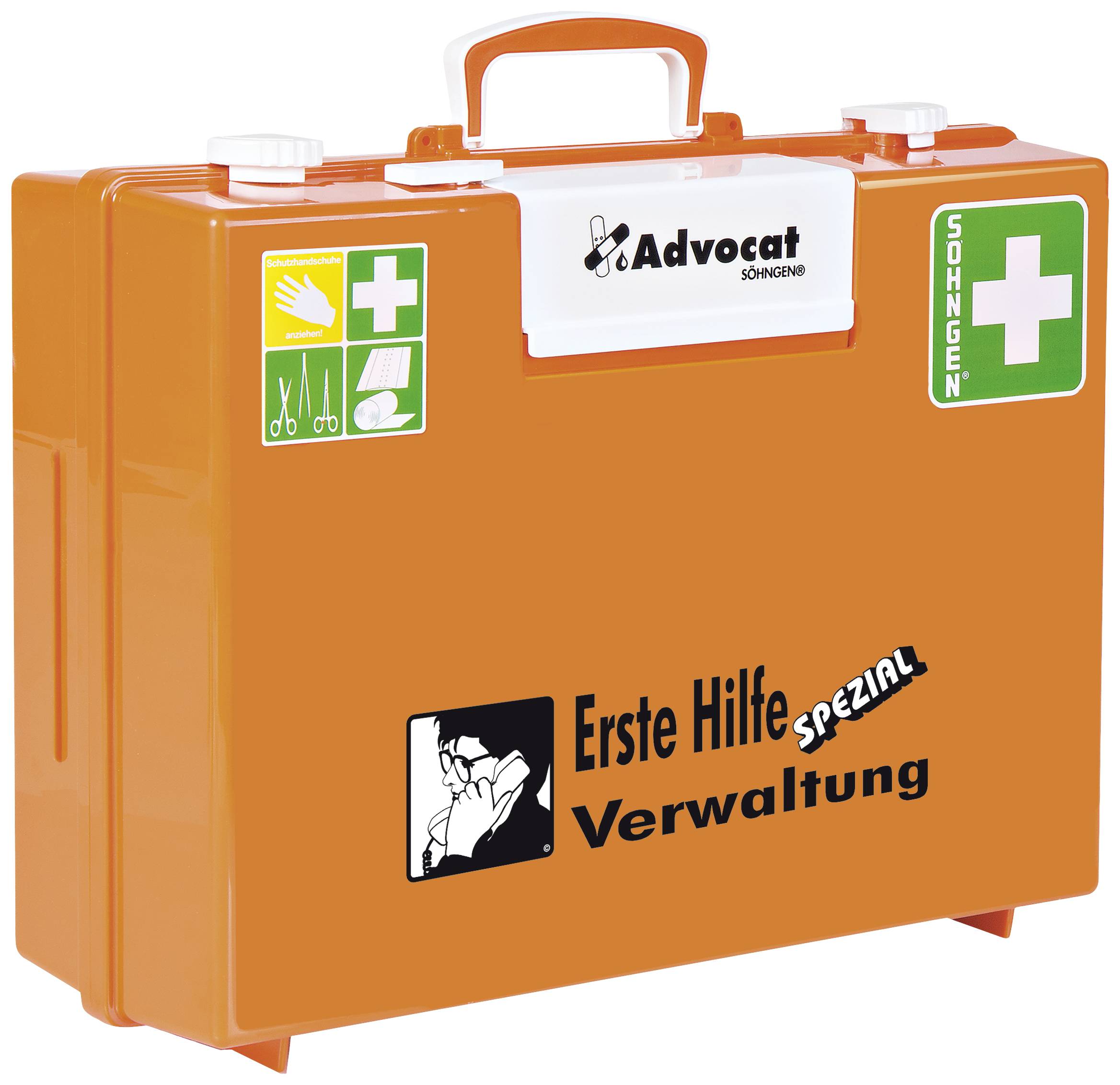 Oranger Erste-Hilfe-Koffer mit weißen Symbolen und der Aufschrift 'Erste Hilfe Spezial Verwaltung'.