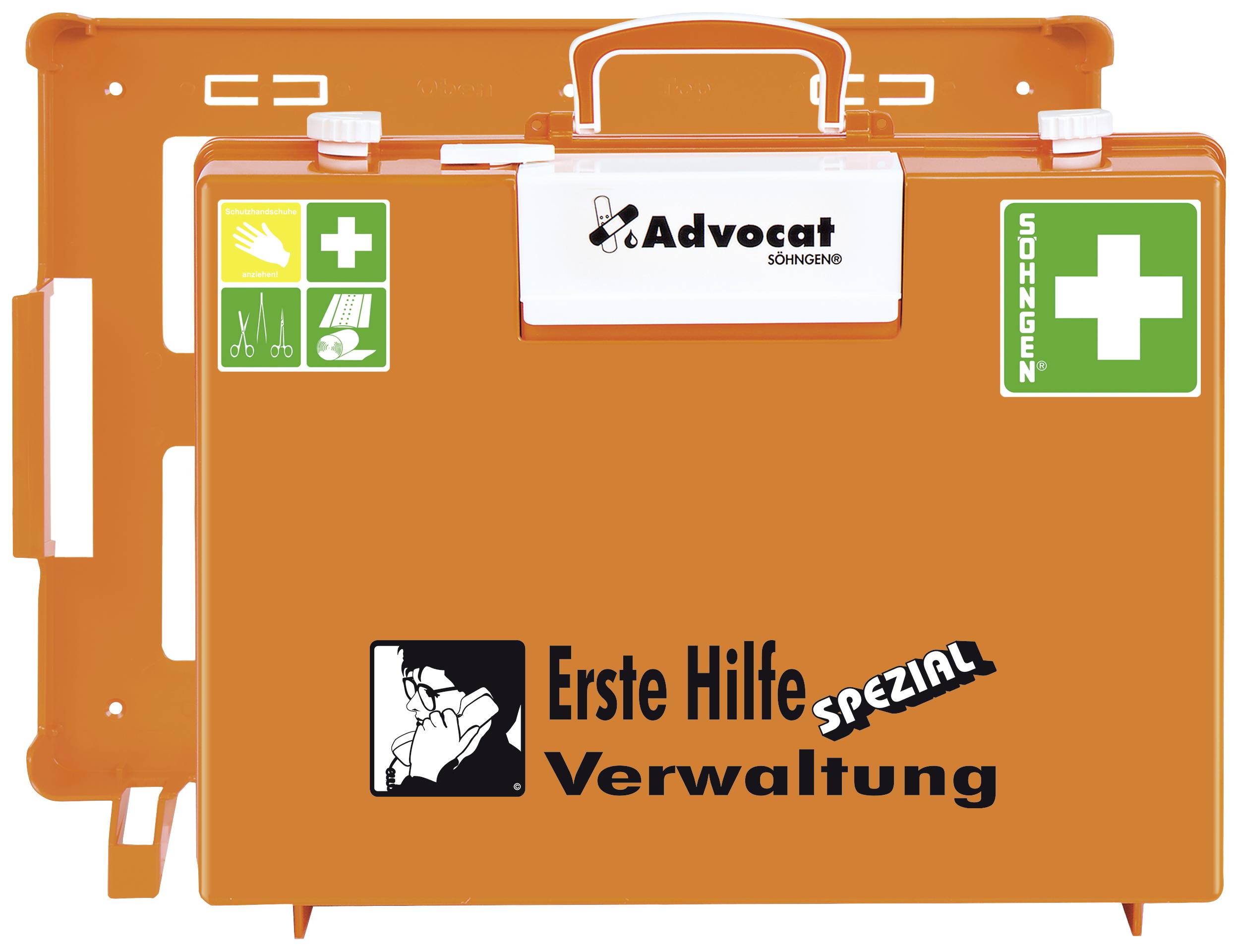 Oranger Erste-Hilfe-Kasten mit Aufschrift 'Erste Hilfe Verwaltung', grünen Kreuzsymbolen und Schere- und Pflaster-Icon.