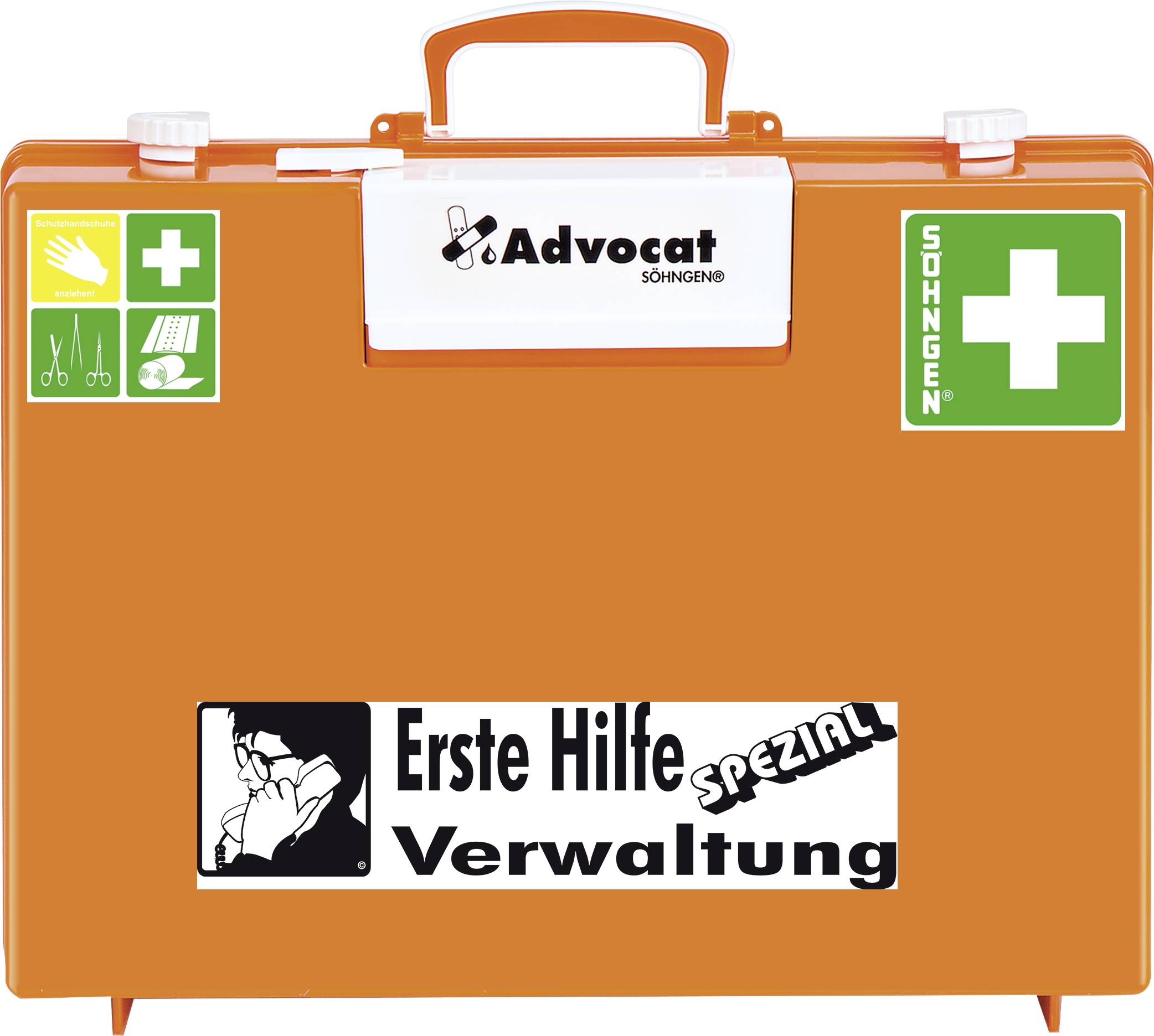 'Ein orangefarbener Erste-Hilfe-Koffer mit weißen und grünen Symbolen, inklusive Schere und Kreuz, für die Verwaltung.'