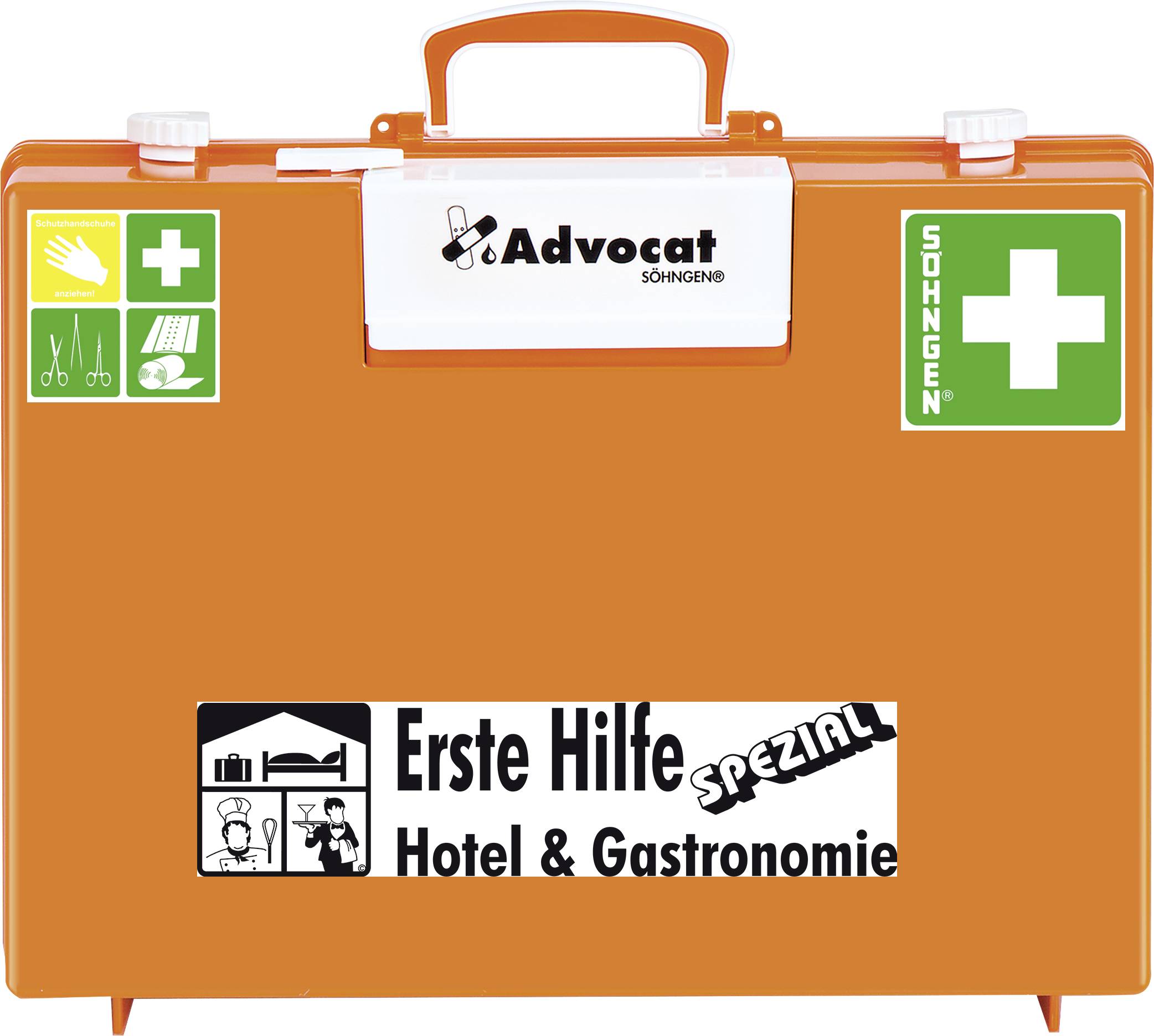 Oranger Erste-Hilfe-Kasten mit grünem Kreuz und Aufschrift 'Erste Hilfe Spezial: Hotel & Gastronomie'. Enthält Notfallausrüstung.