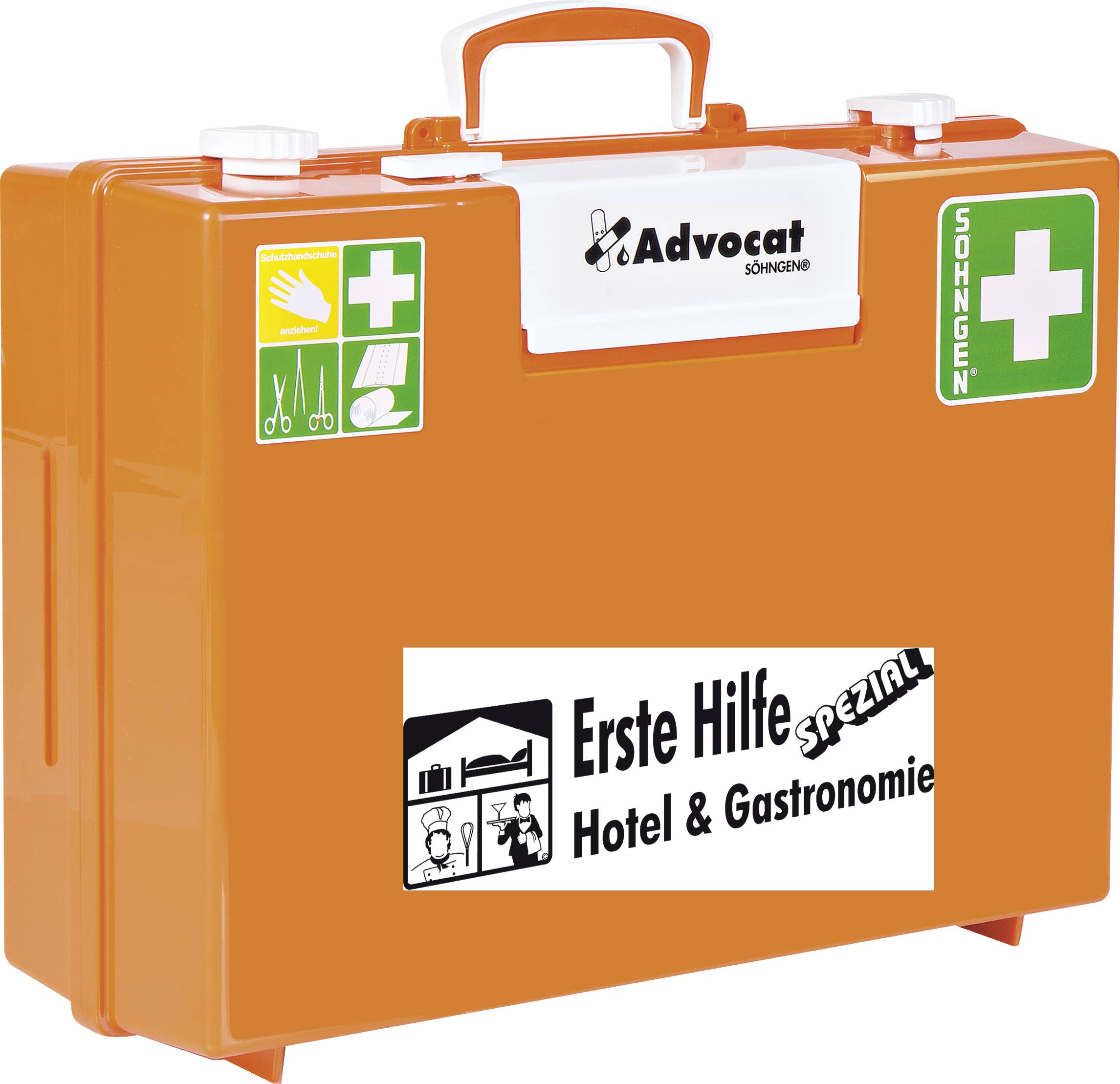 'Erste Hilfe Koffer' für Hotel und Gastronomie, orange, mit medizinischem Kreuz und Icons für Schere, Pflaster.