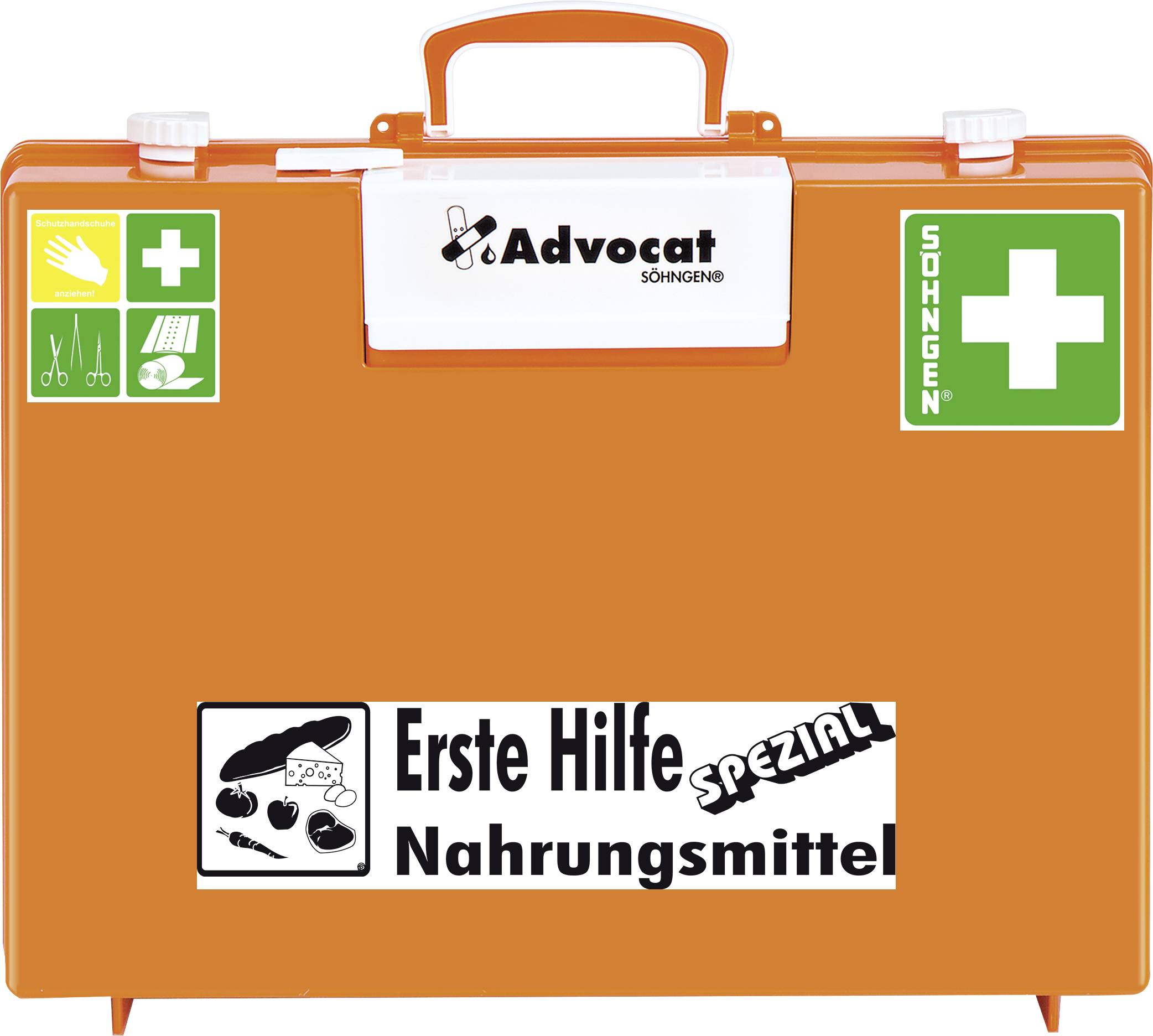 'Orangener Erste-Hilfe-Kasten mit Nahrungssymbole, 'SÖHNGEN', und 'Advocat' Aufkleber; speziell für Lebensmittel.'