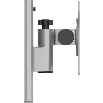 Seitenansicht einer silbernen Metallhalterung mit schwarzem Drehknopf, die zwei Platten miteinander verbindet.