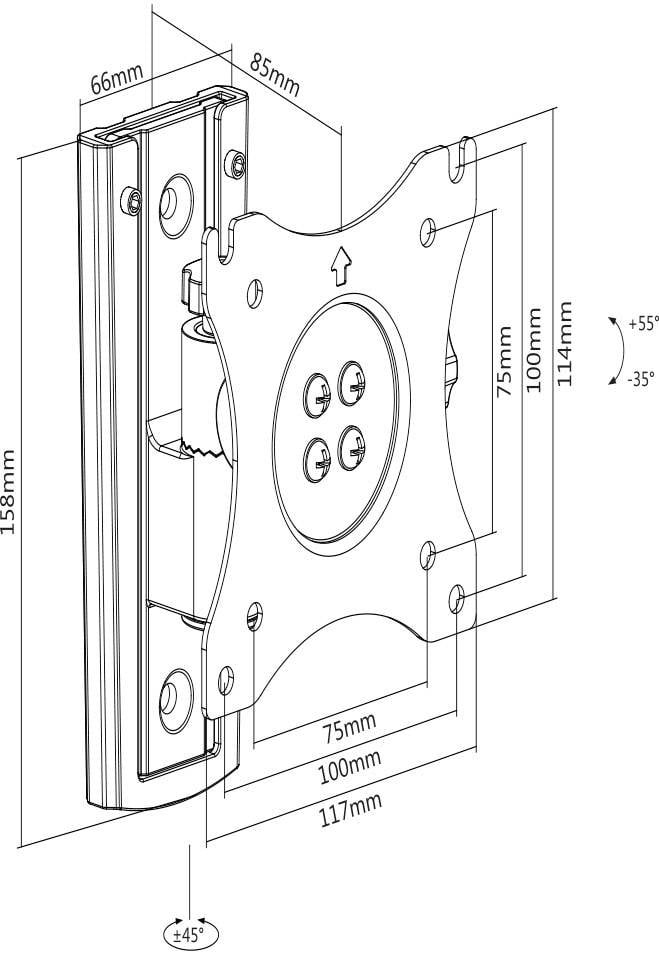 Technische Zeichnung einer Monitorhalterung mit Abmessungen: 158 mm Höhe, 85 mm Breite, neigbar +55°/-35°, drehbar ±45°, 100 mm VESA.