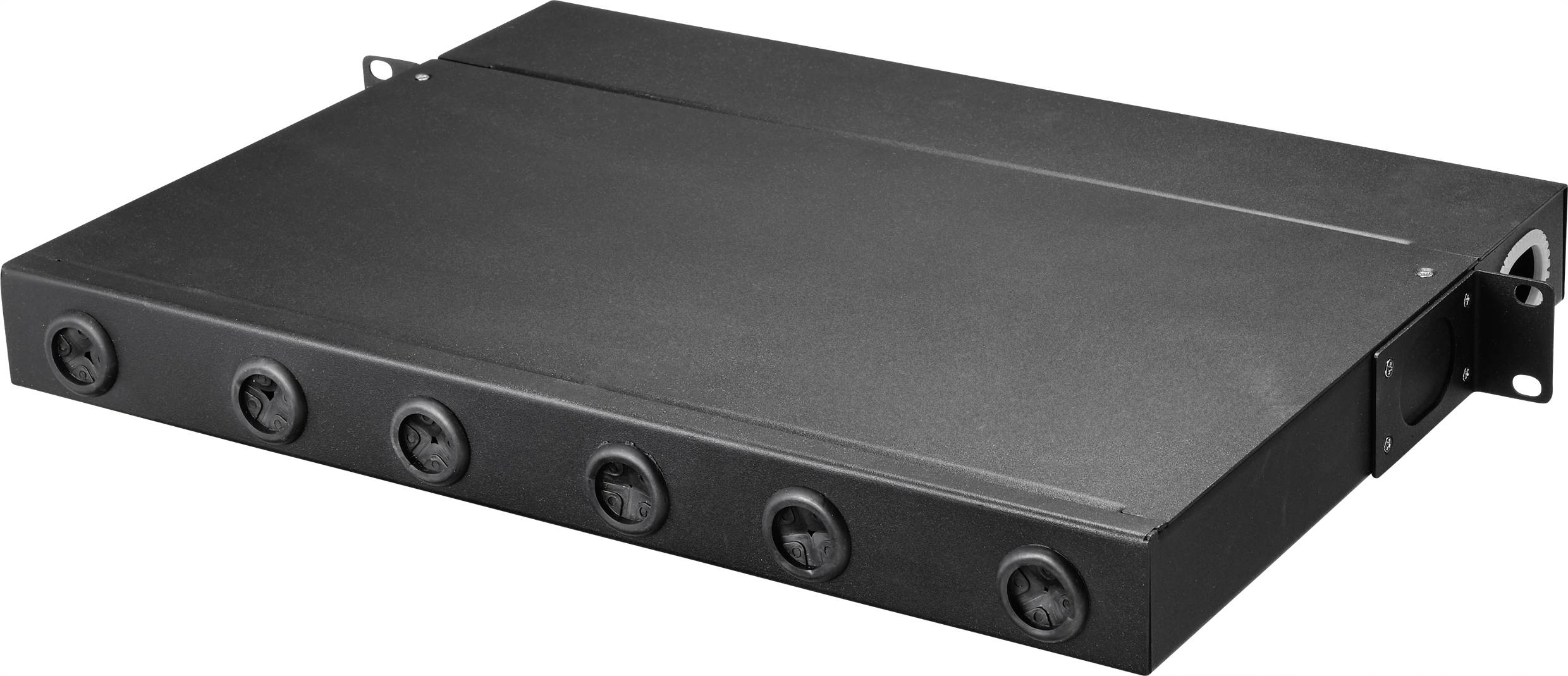 Schwarzes 19-Zoll-Rack-Gehäuse mit sechs Kabeldurchführungen an der Front, dient zur Organisation und Befestigung von Kabeln in IT-Racks.