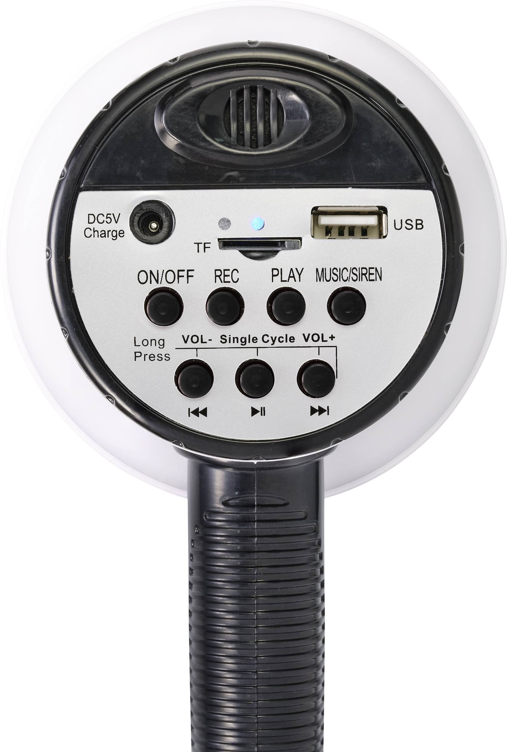 Rückseite eines Megaphons mit Bedienelementen: Ein-/Ausschalter, Wiedergabe-, Aufnahme- und Lautstärketasten, USB- und Ladeanschluss.
