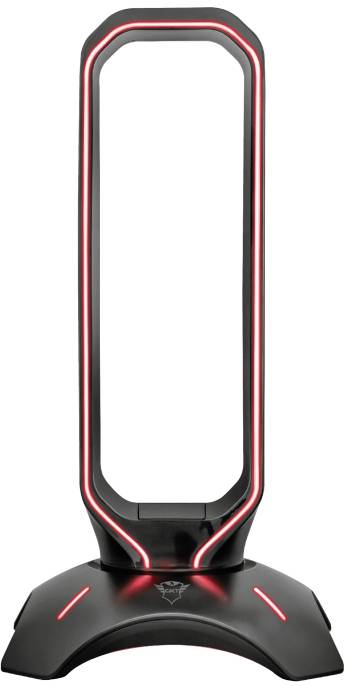 Ein vertikaler, schwarz-roter LED-gaming-beleuchteter Bügel, vermutlich für Kopfhörer-Aufbewahrung, auf einem stabilen Sockel.