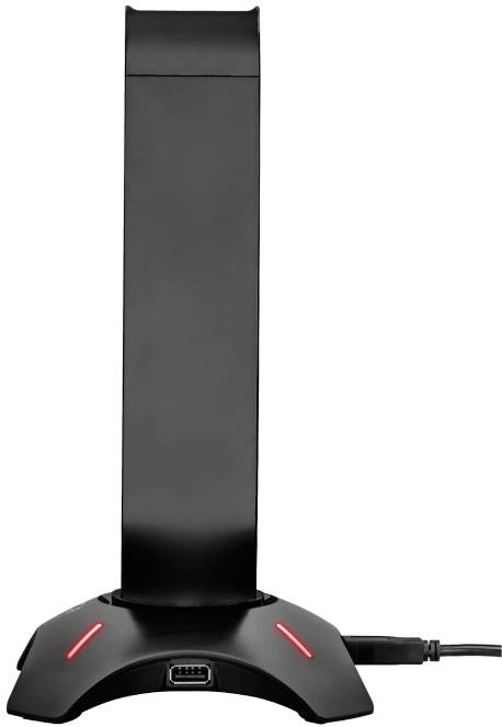 Schwarzes technisches Gerät auf einem Sockel mit roten Lichtern an der Basis. Ein Kabel ist an der rechten Seite angeschlossen.