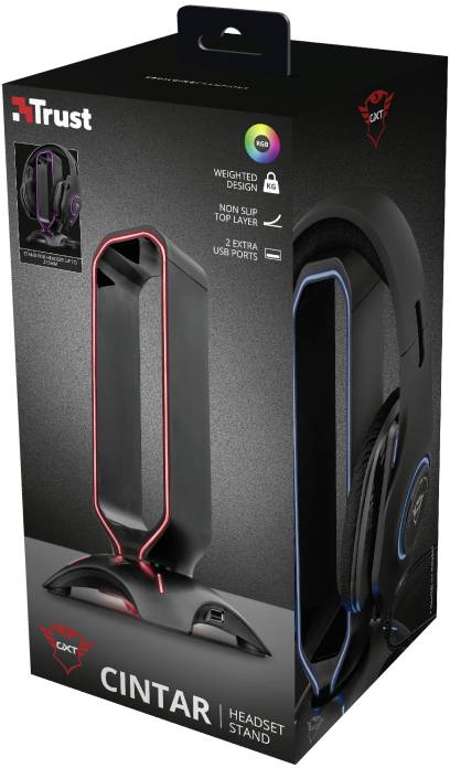 Verpackung eines 'Trust Cintar' Headset-Ständers. Abgebildet: LED-beleuchteter Ständer mit Anti-Rutsch-Oberfläche und USB-Anschlüssen.
