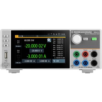 Ein Messgerät mit digitalem Display zeigt '60.000 W', '-20.000 V', '-3.000 A'. Es hat Regler und bunte Anschlüsse rechts.