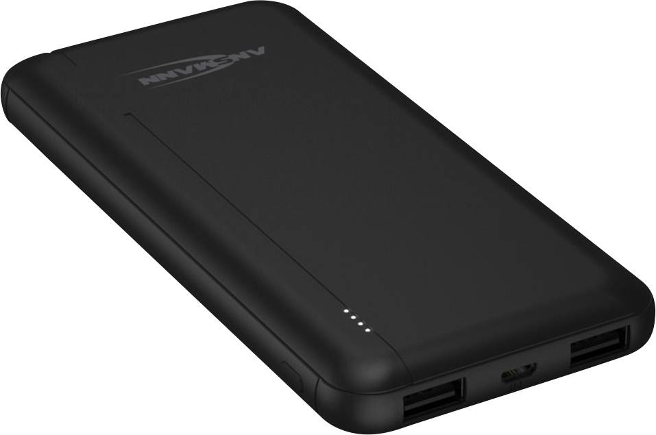 Schwarze tragbare Powerbank mit zwei USB-Anschlüssen und Ladeanzeigeleuchten an der Seite.