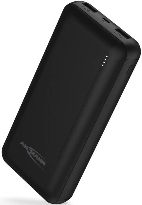 Eine schwarze Powerbank mit Markenlogo, schwarzen Anschlüssen und vier LED-Anzeigen zur Batteriestandsanzeige auf der Vorderseite.