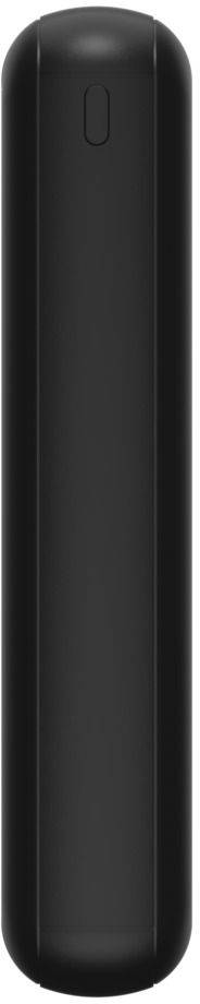 Ein schwarzer, länglicher, zylindrischer Gegenstand mit abgerundeten Kanten und einem kleinen Knopf in der oberen Mitte.