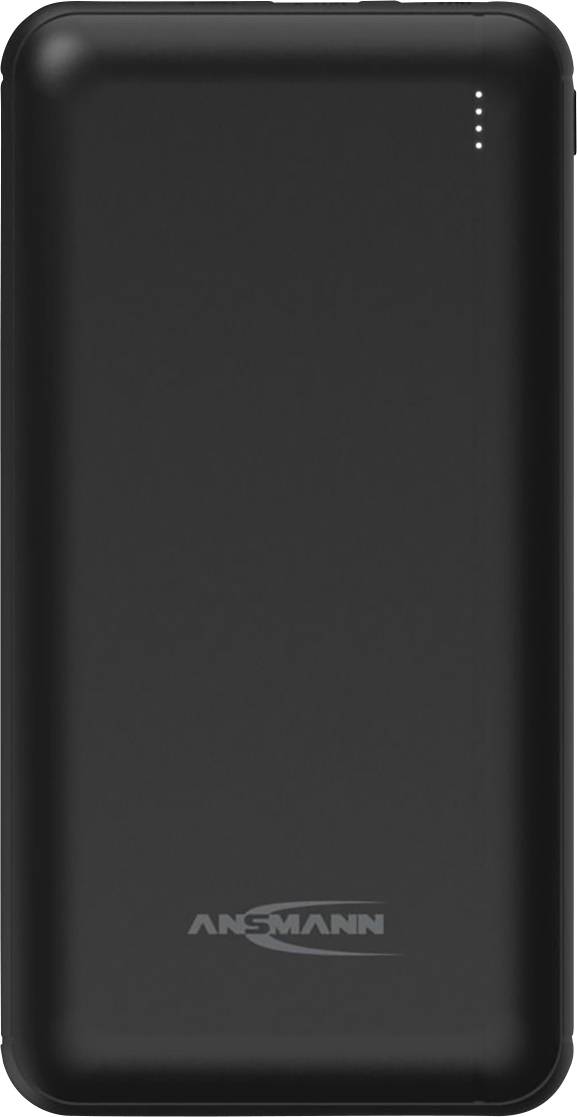 Schwarze Powerbank von Ansmann mit abgerundeten Kanten und drei LED-Anzeigen oben rechts zur Anzeige des Ladezustands.