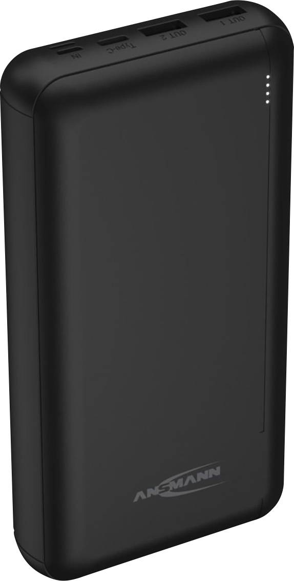Schwarze Powerbank mit vier weißen LED-Anzeigen und mehreren Anschlüssen oben. Logo 'Ansmann' unten auf der Vorderseite.