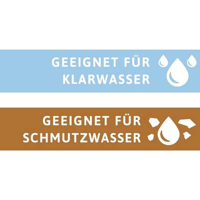 'Geeignet für Klarwasser' mit Wassertropfensymbol; 'Geeignet für Schmutzwasser' mit tropfendem Wassersymbol und Partikeln.