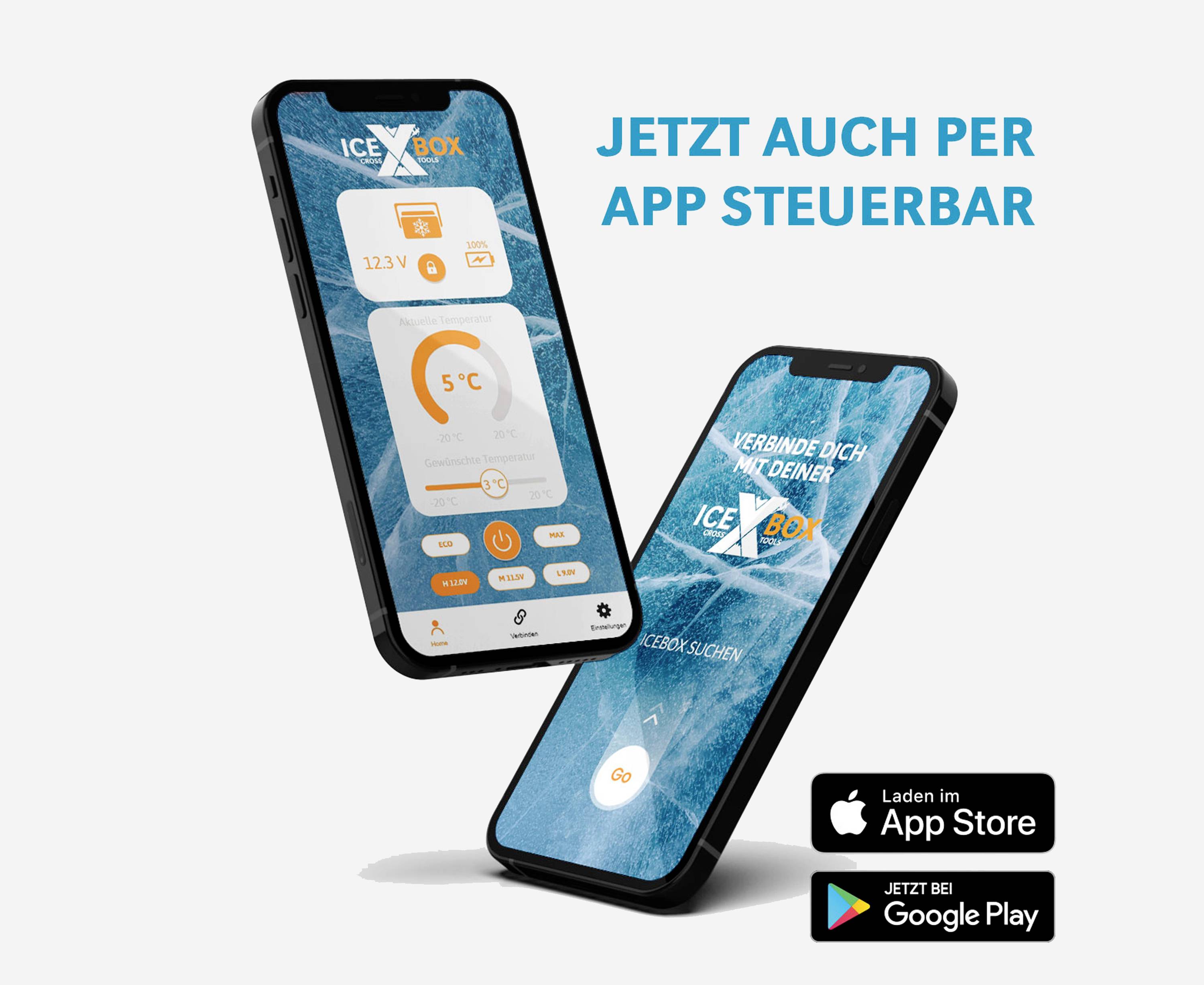 Zwei Smartphones mit der App 'ICEBOX' auf blauem Hintergrund. Links zeigt die App Temperatur-Steuerung, rechts App-Startbildschirm. Text: 'Jetzt auch per App steuerbar'.