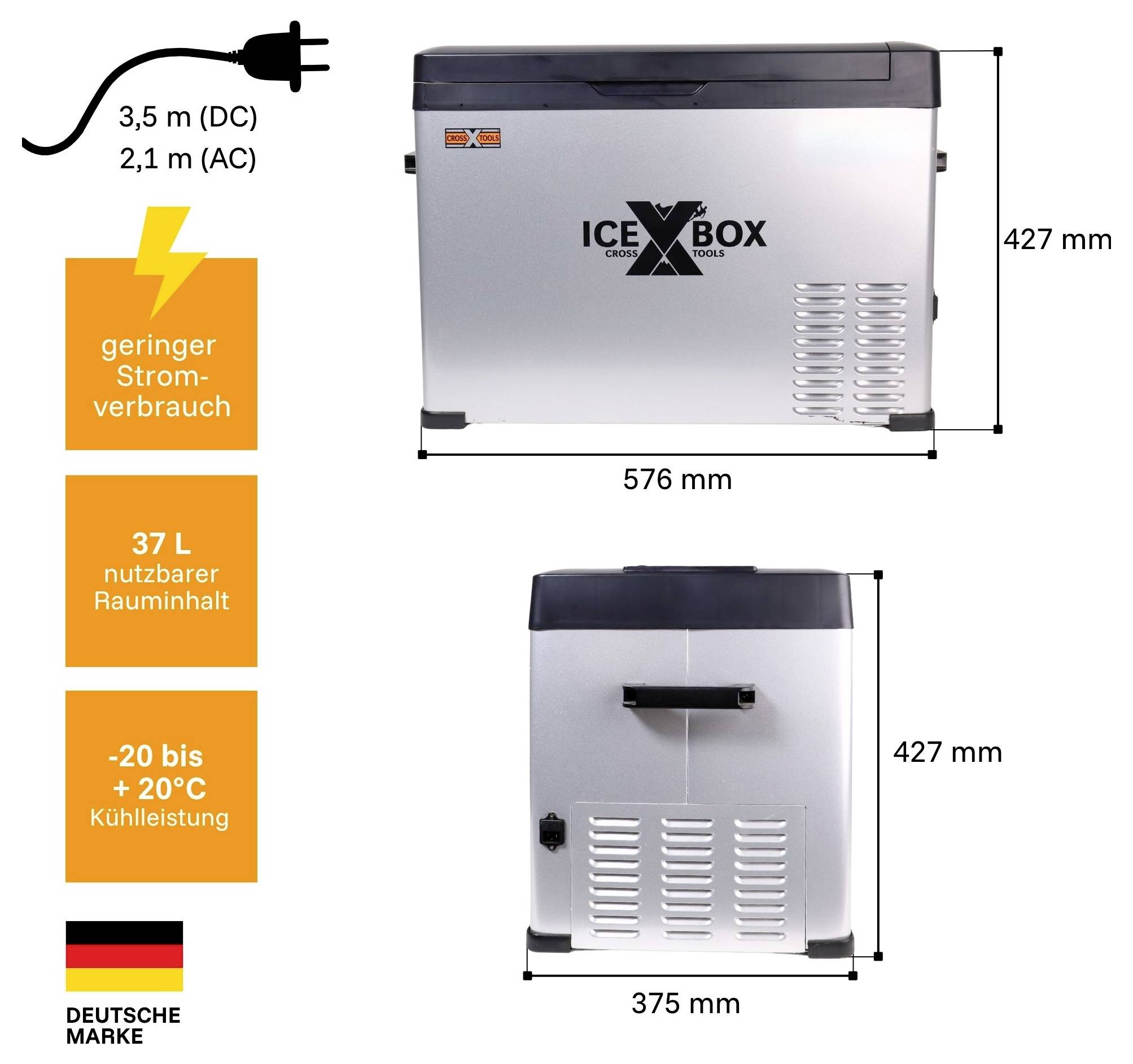 Produktgrafik eines kompakten Kühlschranks 'ICE BOX' mit Maßen 576 × 427 mm und 375 × 427 mm; 37 l Nutzinhalt, -20 bis +20 °C, geringer Stromverbrauch, 3,5 m DC/2,1 m AC.