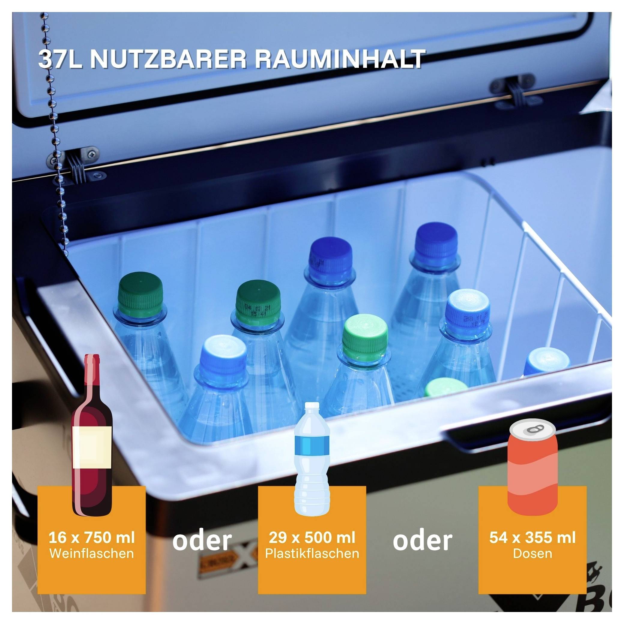 Kühlbox mit 37 l Nutzinhalt, zeigt alternativ 16 Weinflaschen, 29 Plastikflaschen oder 54 Dosen.<br>