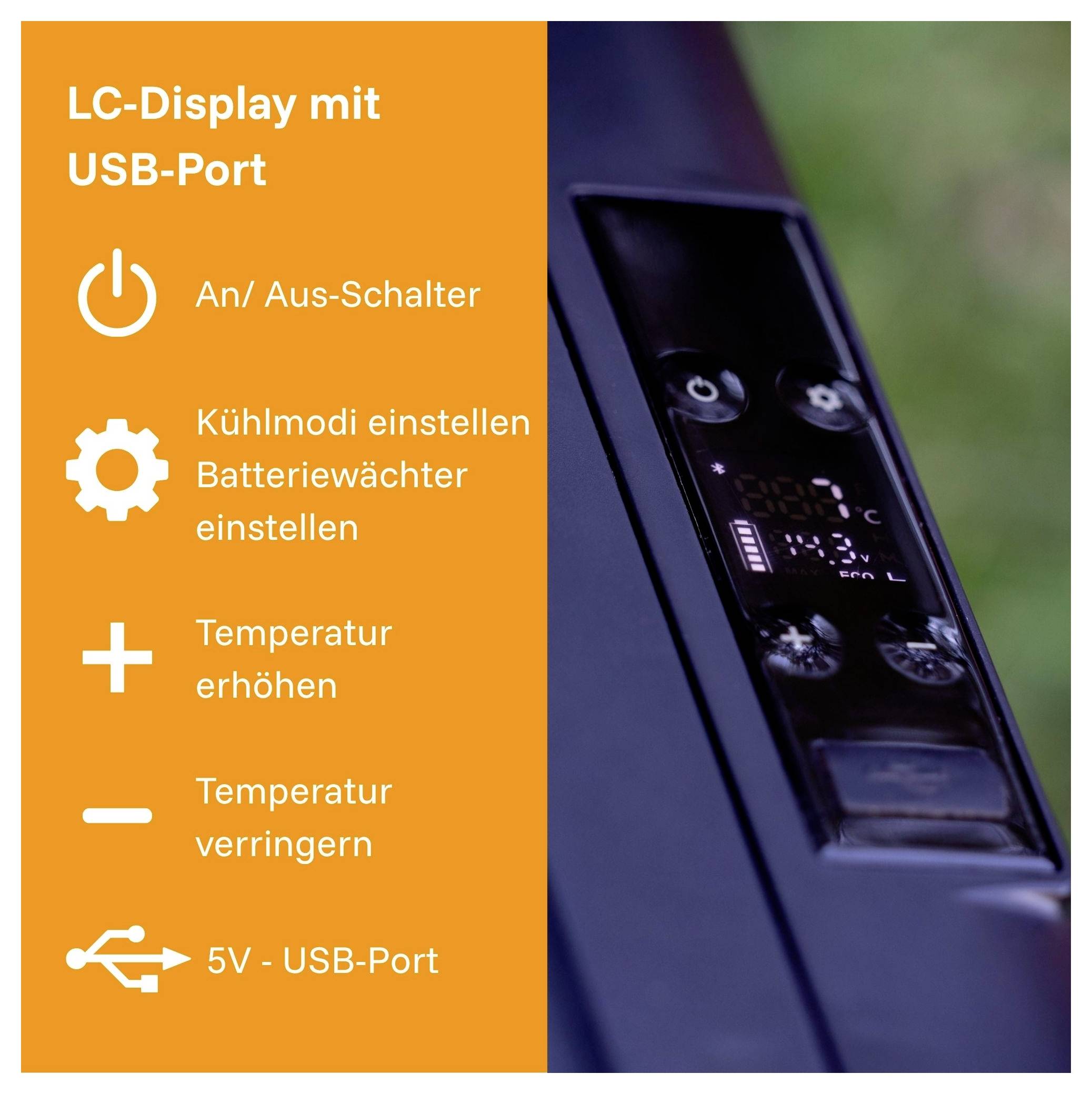 Bedienfeld eines Geräts mit LC-Display und USB-Port; links werden Funktionen erklärt: Ein/Aus, Kühlmodus/Batteriewächter, Temperatur erhöhen/verringern, 5V-USB-Port.