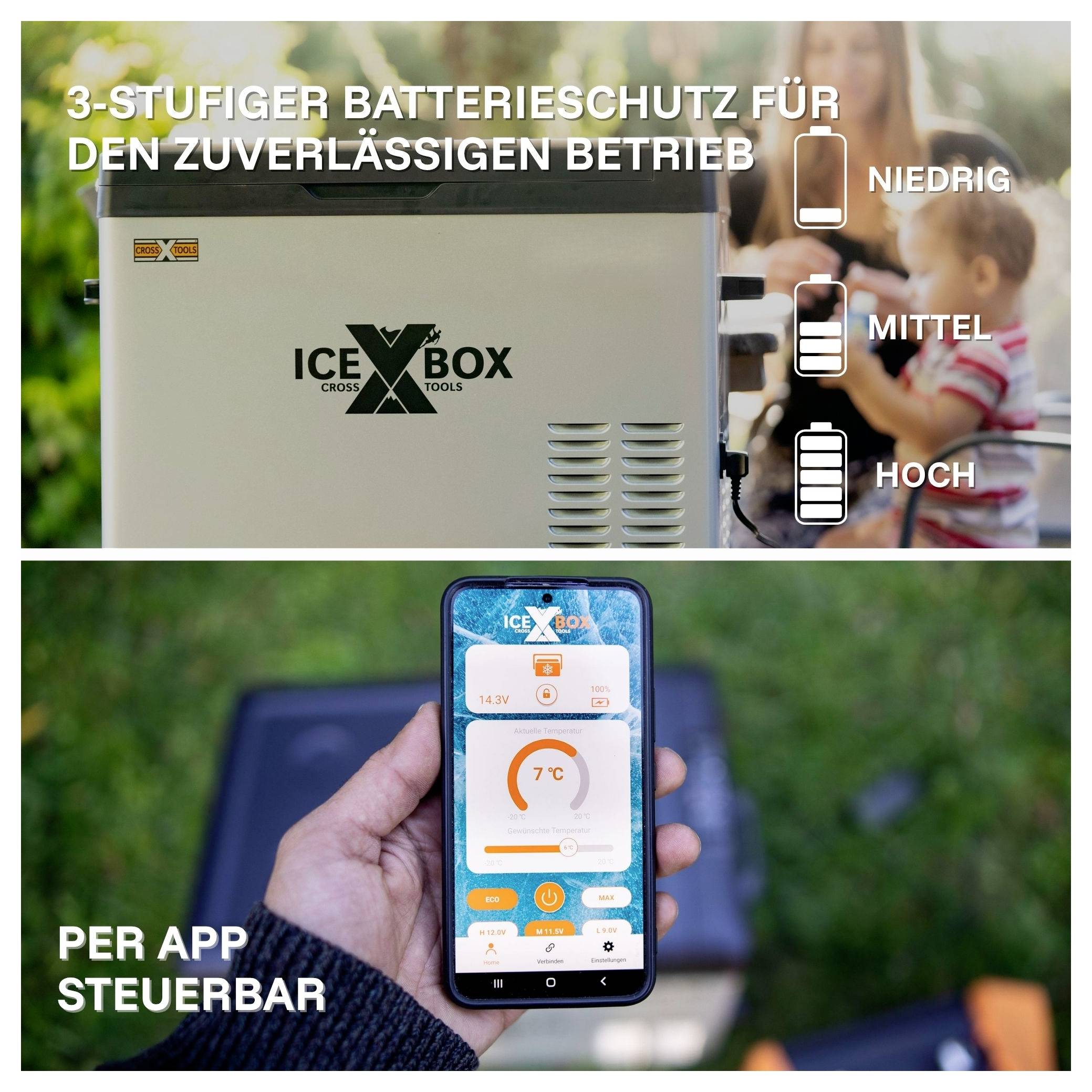 Werbung für eine tragbare Kühlbox mit 3-stufigem Batterieschutz und App-Steuerung; oben Ladezustände niedrig, mittel, hoch, unten Smartphone-App mit 7 °C-Anzeige.