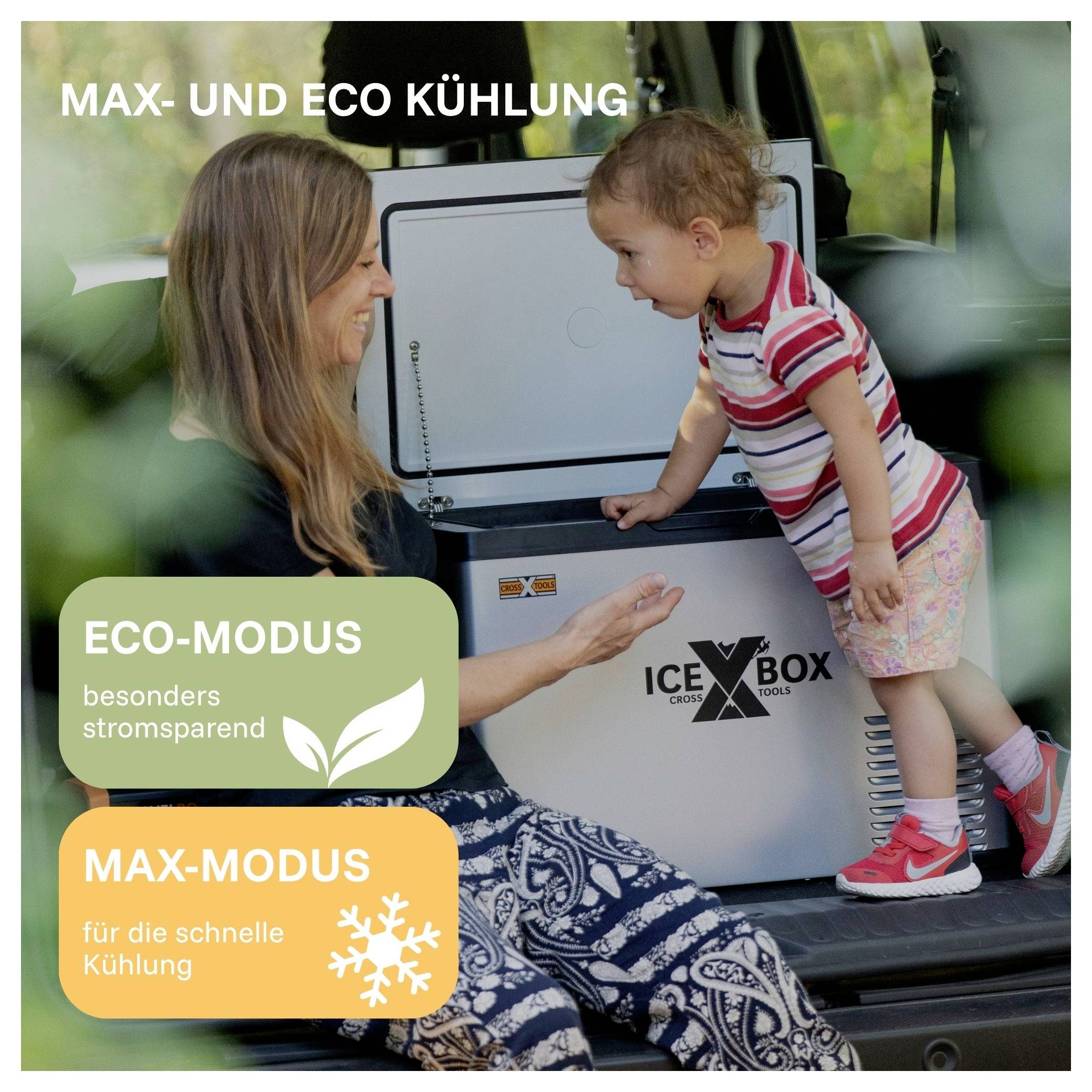 Frau und Kind am geöffneten Kühlschrank im Auto mit Text 'MAX- UND ECO KÜHLUNG'; ECO-Modus stromsparend, MAX-Modus für schnelle Kühlung.