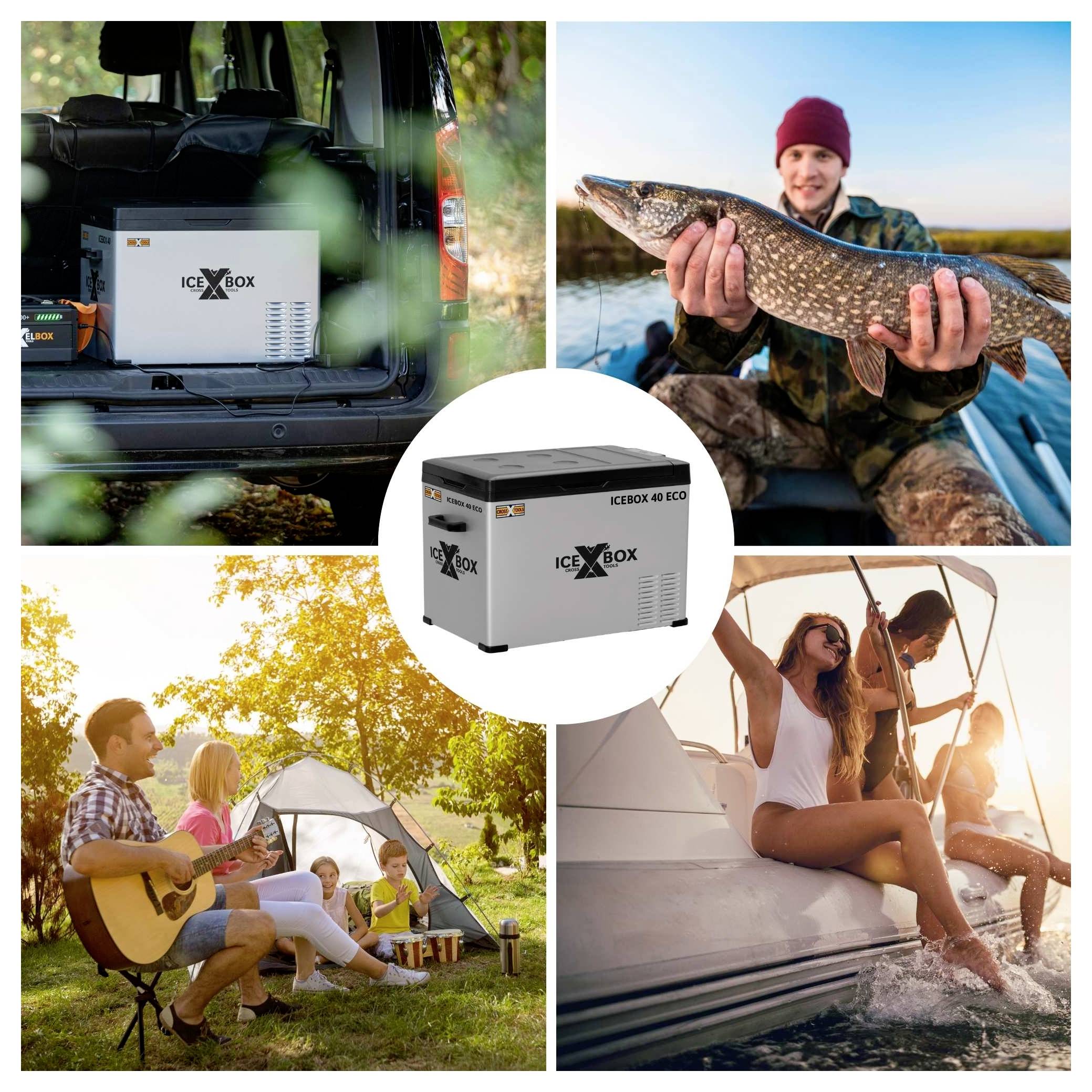 ICEBOX Tragbarer Kühler in Außenszenen gezeigt: in einem Fahrzeug, neben einem Fischer mit einem großen Fisch, auf einem Campingplatz und auf einem Segelboot.