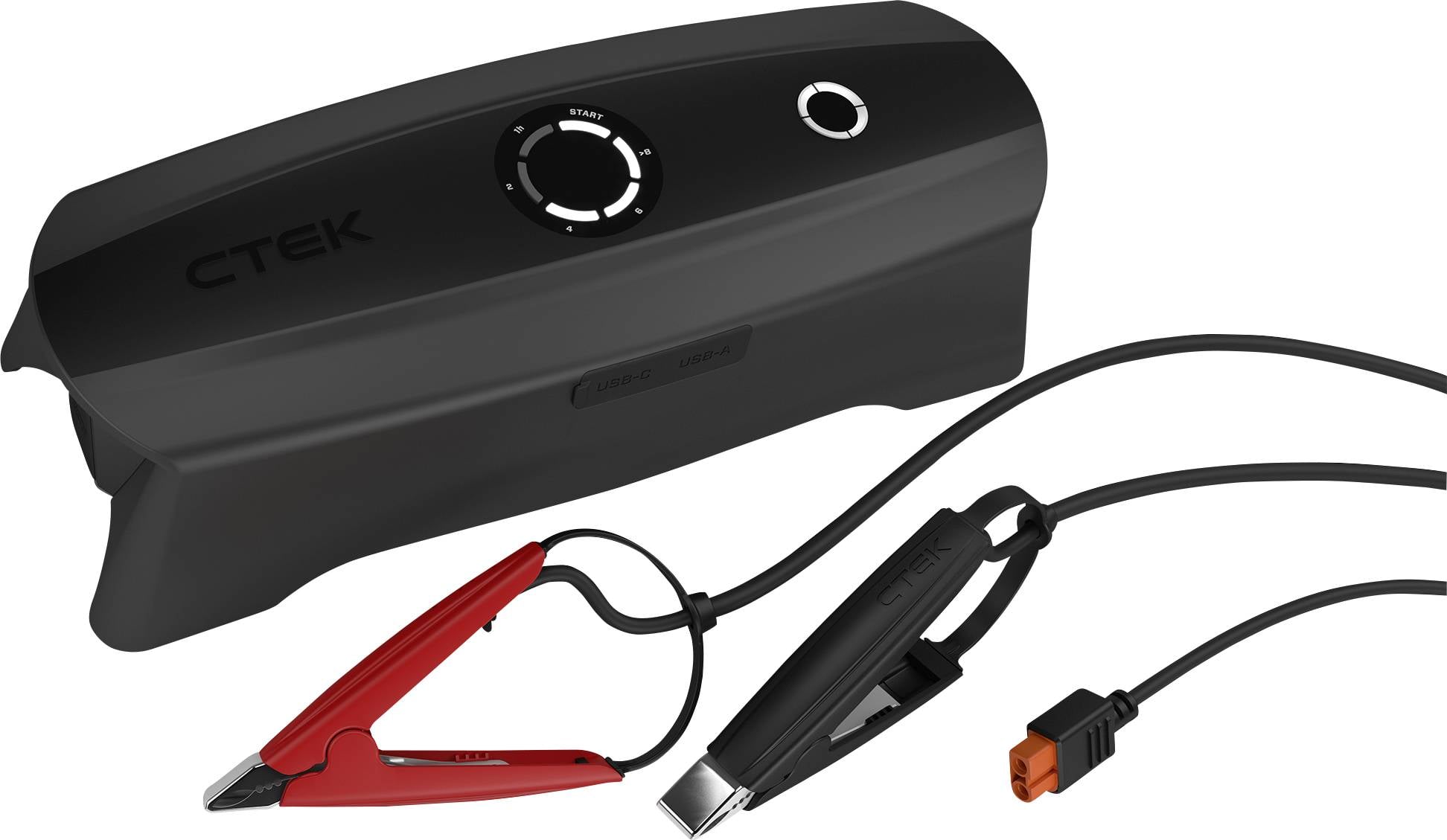 Batterieladegerät mit rotem und schwarzem Kabel, Klemmen und Stecker. Gerät in schwarzer Abdeckung mit CTEK-Logo.
